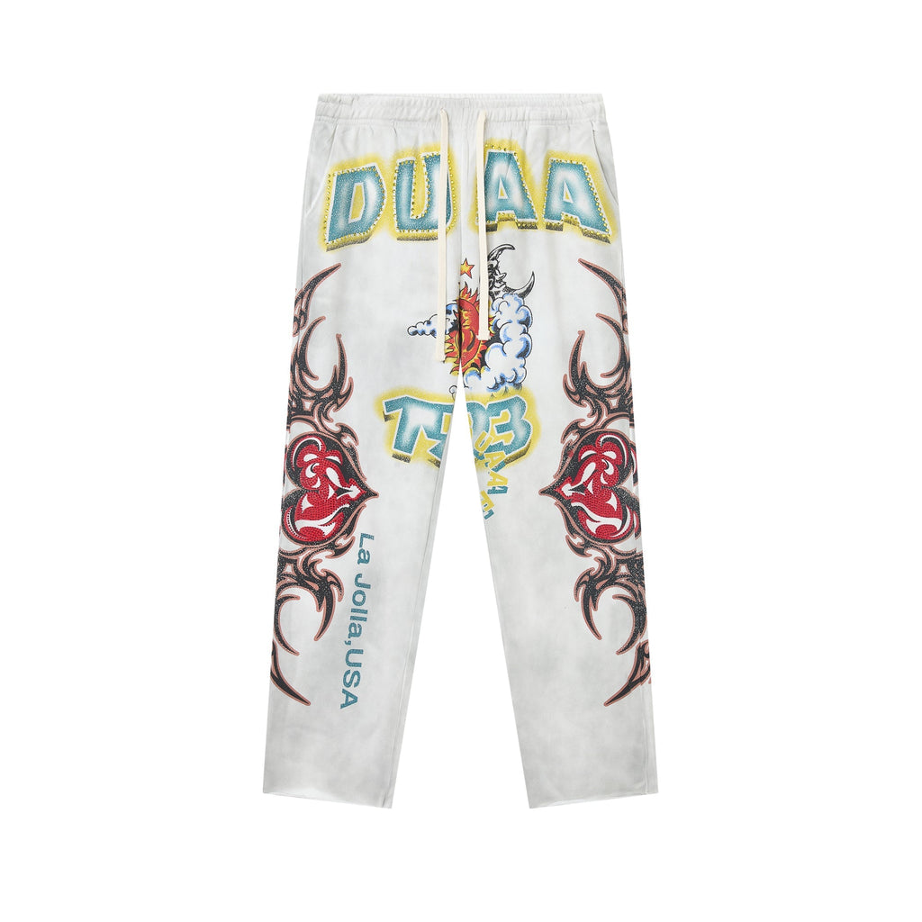 DUAA Sun‑Moon Tribal Heart Graphic Vintage Washed Straight‑Leg Sweatpants