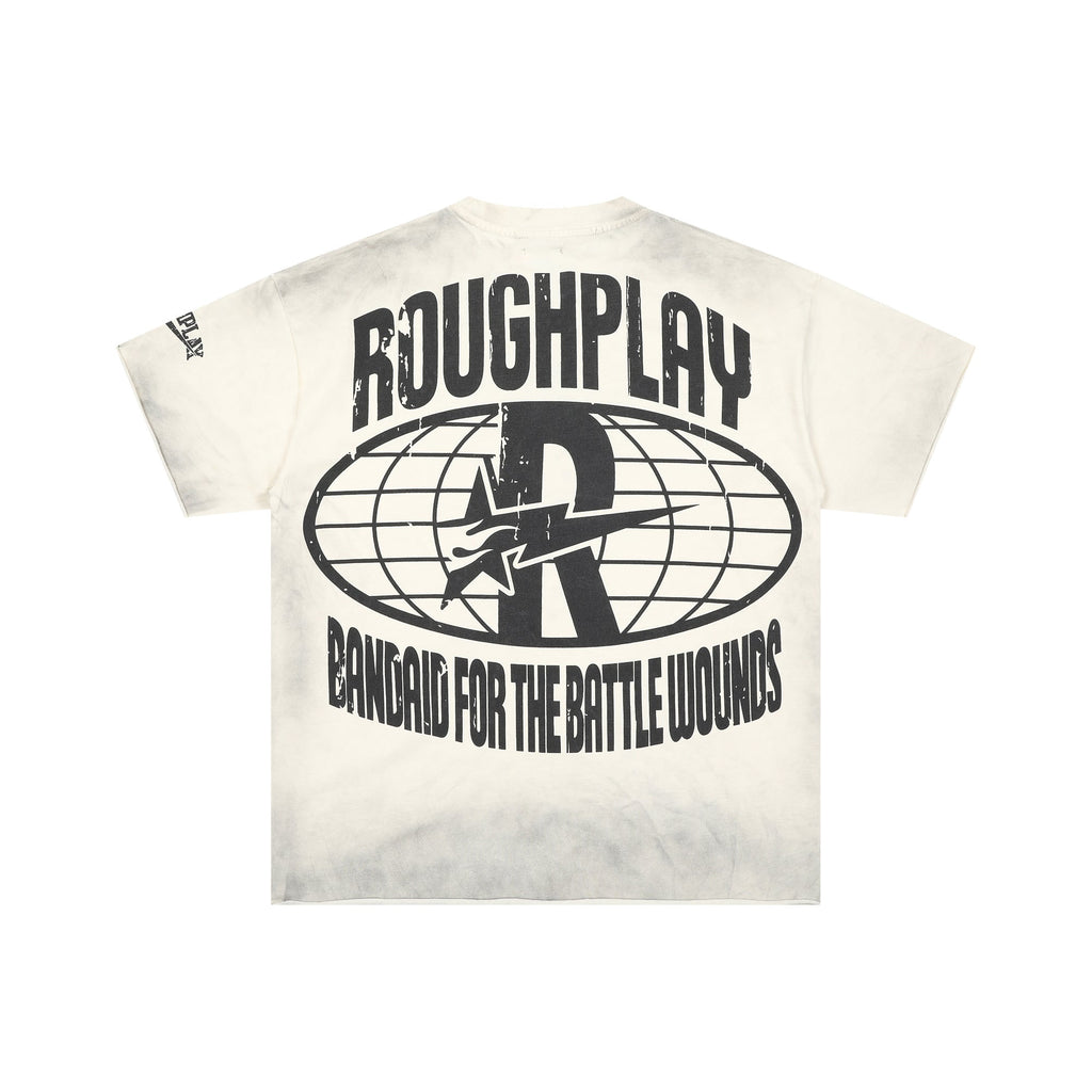 Roughplay Vintage Cartoon Rabbit Globe Logo Double‑Sided Distressed Tee