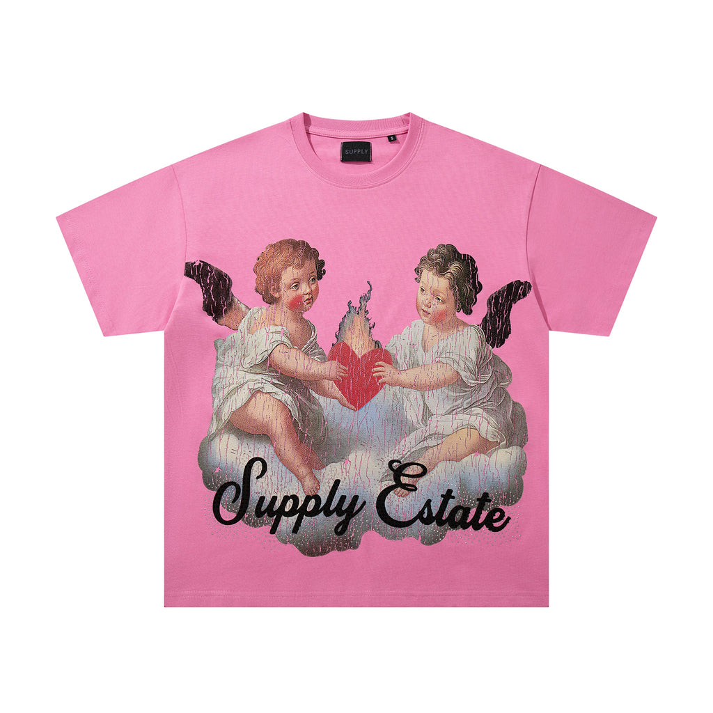 SUPPLY Couple Embrace Dragon Flame Graphic Oversized Pink T-Shirt