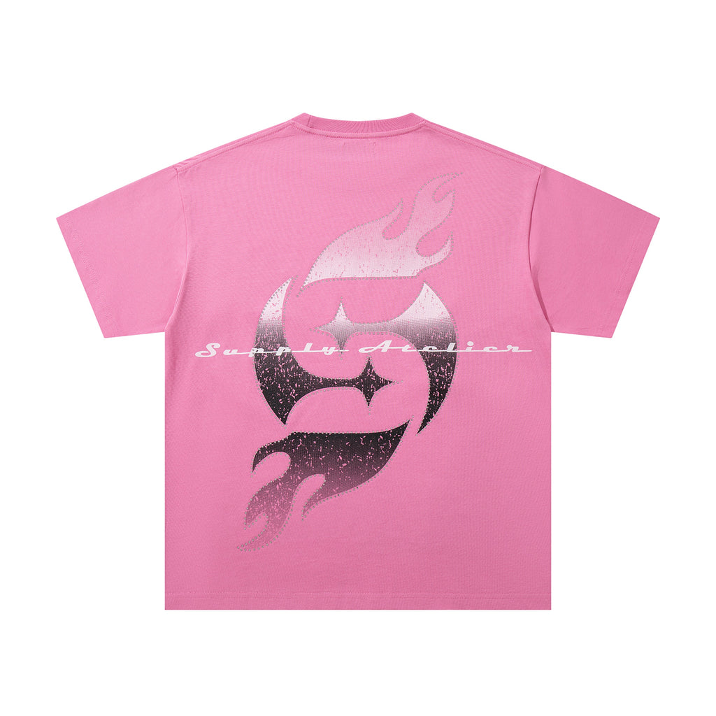 SUPPLY Couple Embrace Dragon Flame Graphic Oversized Pink T-Shirt